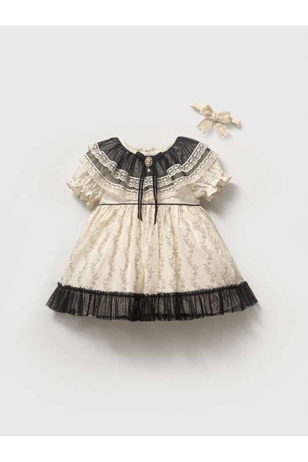 Baby Girl Vintage Brooch Detailed Ruffled Collar Dress