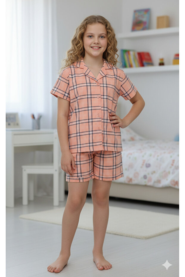 Plaid Pattern Front Buttoned Shorts Pajama Set