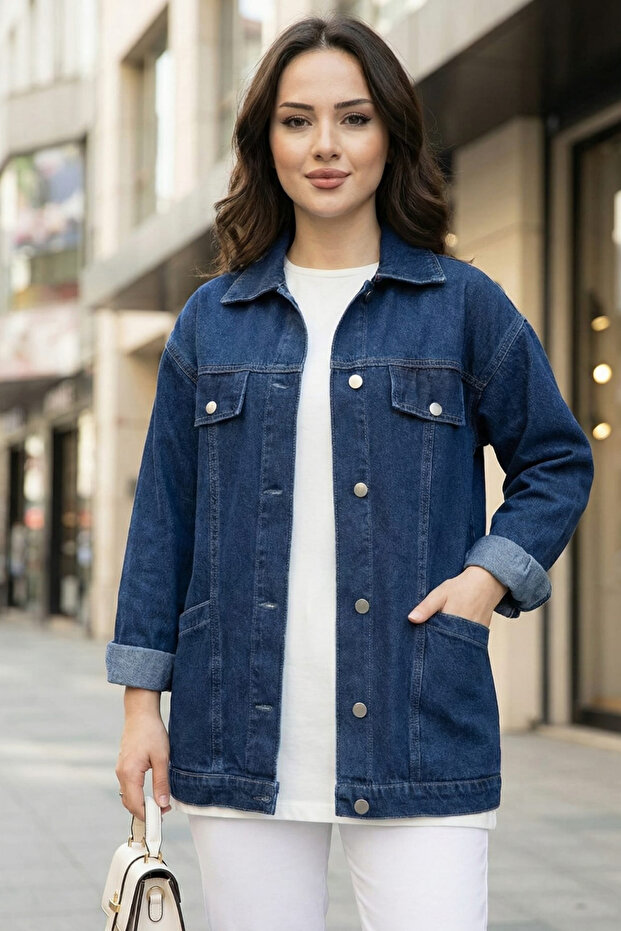 Women's Pocket Detailed Denim Navy Blue Jeans Jacket