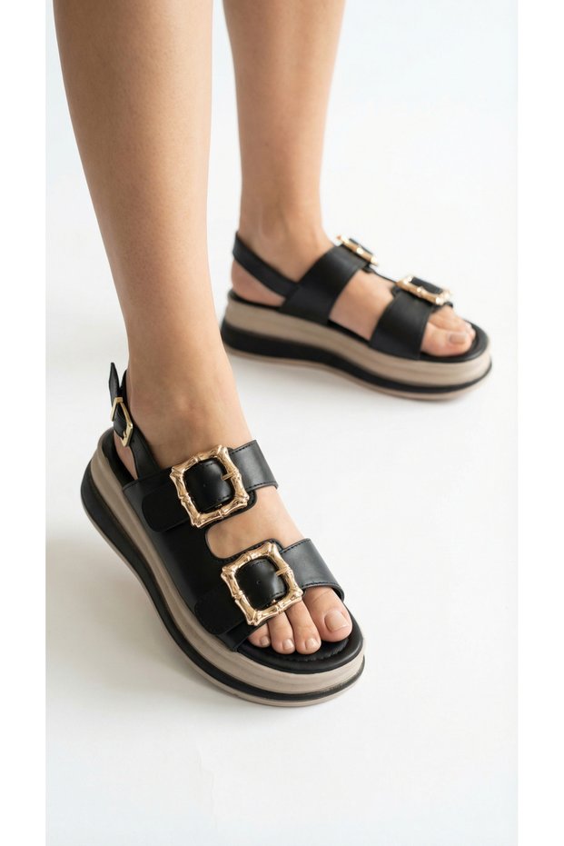 Thick Square Double Gold Buckle Detailed High Heel Ankle Buckle Women's Summer Sandals