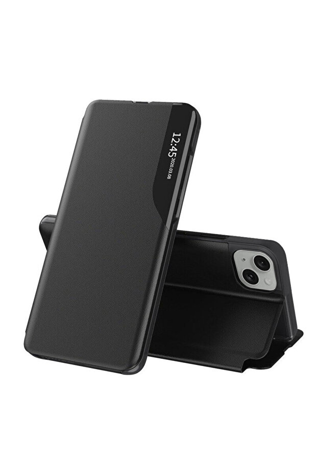 iPhone 15 Plus Leather View Flip Case, Black - 1