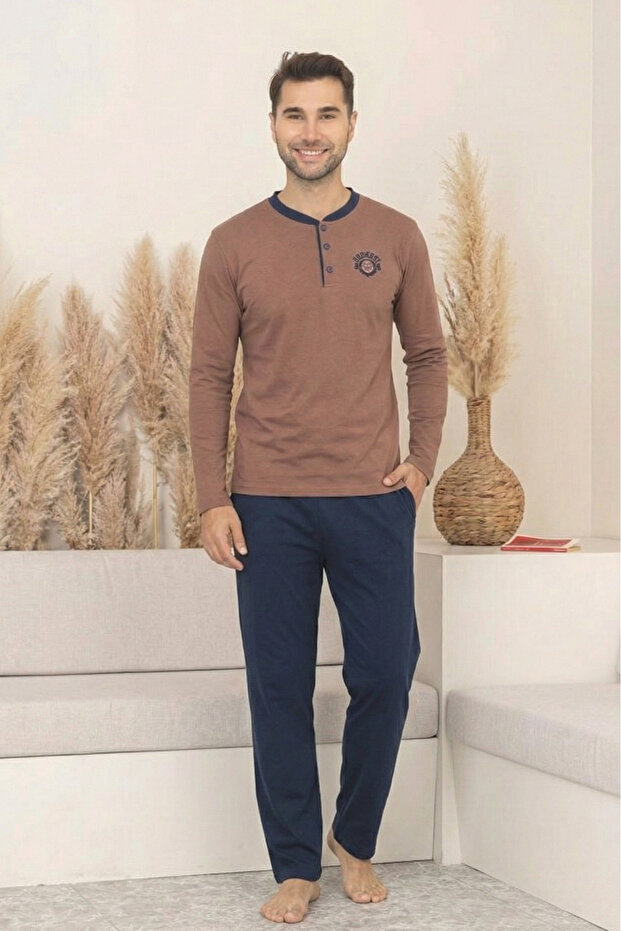 Dreamy Cotton Pocketed Buttoned Collar Long Sleeve Knitted Men's Pajama Set
