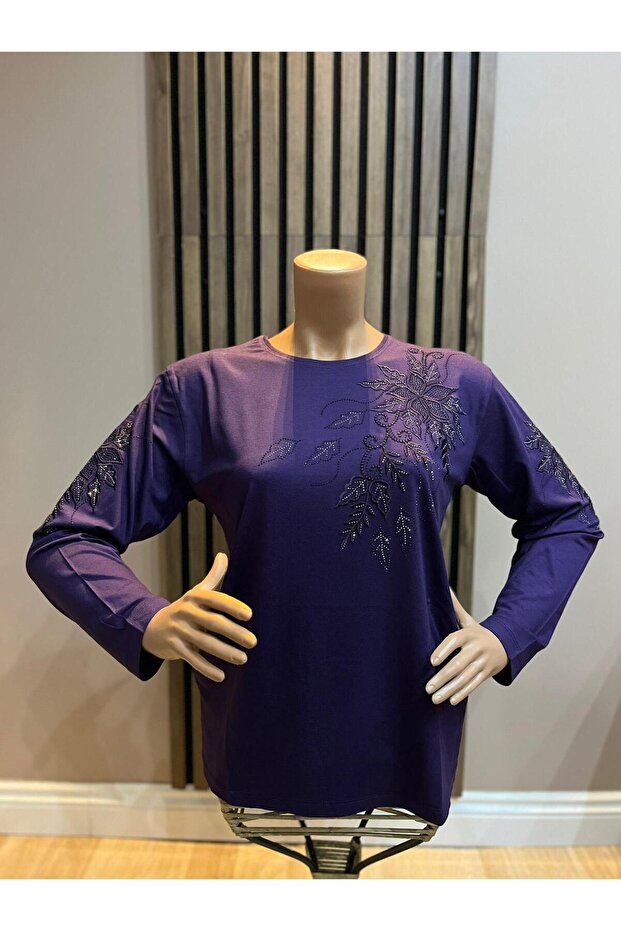 Women's Middle Age and Above Viscose Floral Pattern Stone Embroidered Lycra Mother Combed Cotton Blouse