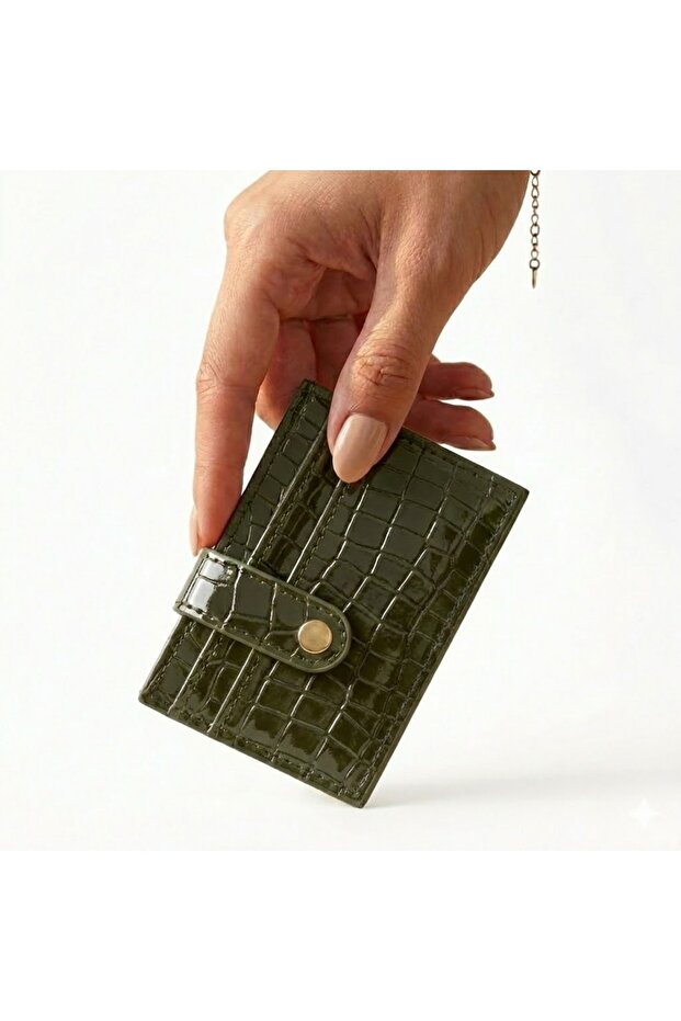 Women's Snap Fastener Shiny Crocodile Patterned Faux Leather Card Holder 7X11Cm