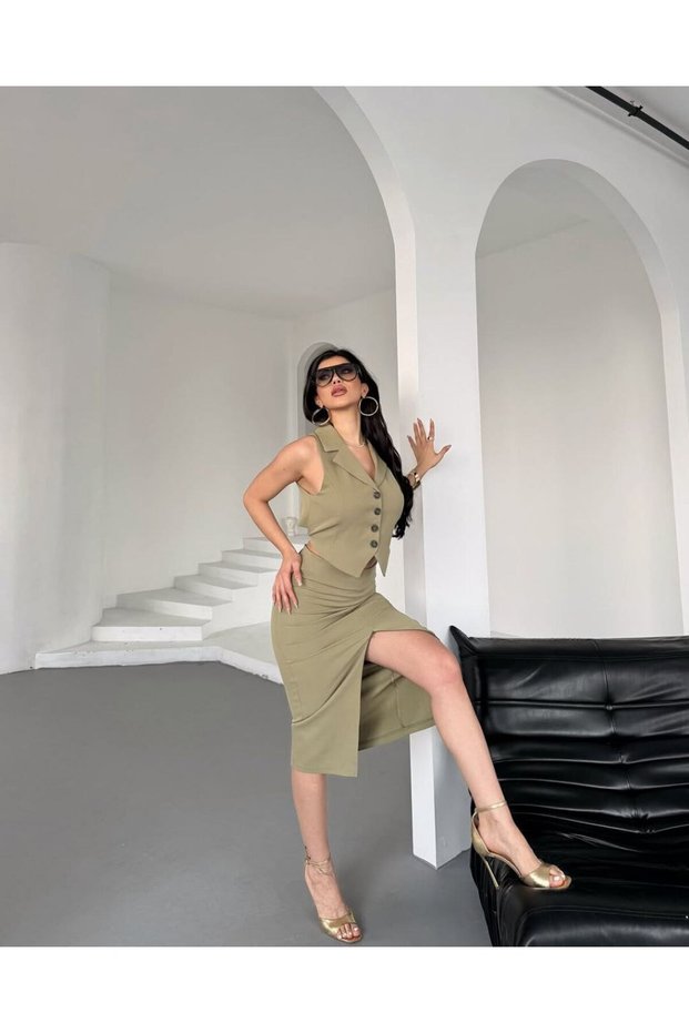 Khaki Buttoned Crop Vest & Slit High Waist Midi Skirt Women's Set