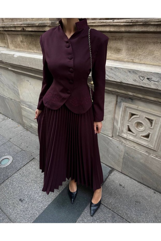 Padded Shoulders Embroidered Detail Jacket and Pleated Maxi Skirt Premium Set