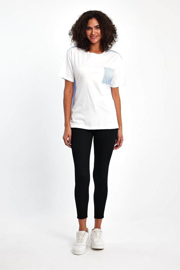 Women's Asymmetrical Detailed Cotton T-Shirt with Striped Pieces, Loose Cut White T-Shirt