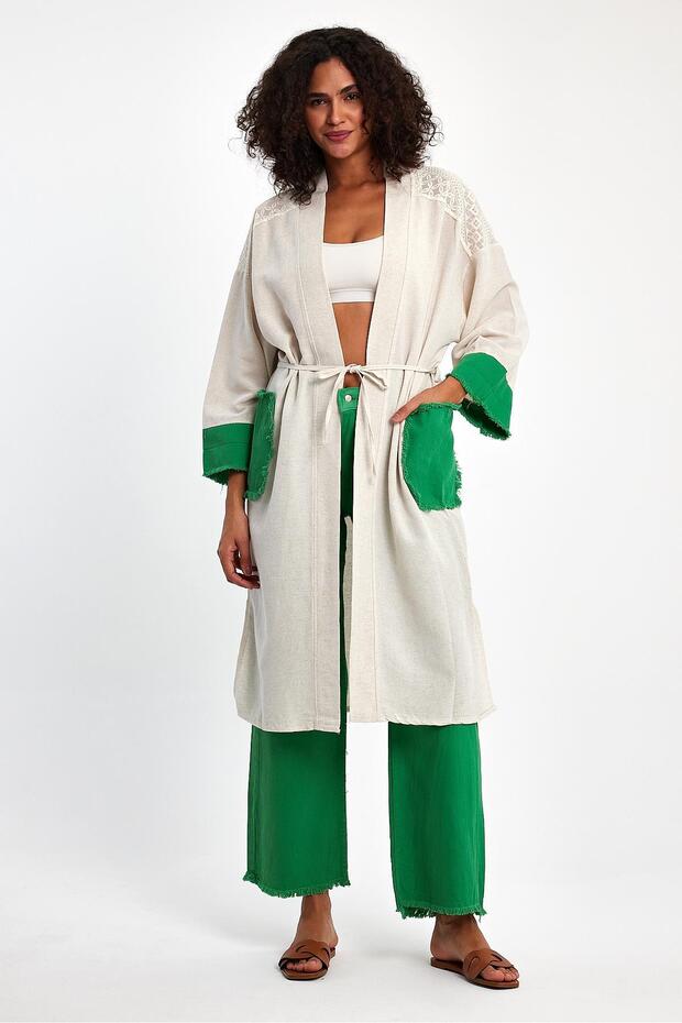 Two-Piece Kimono Set with Lace Embroidered