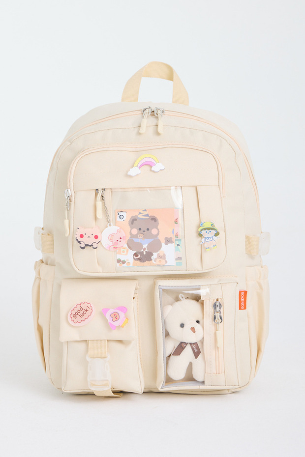 Roxbros Kawaii Kore Tarzı Okul Çantası Aksesuarlı Kız Çocuk Ve Erkek Çocuk Sırt Çantası Koyu Krem