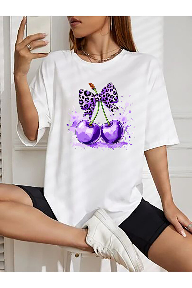 Purple Leopard Cherry Printed Crew Neck Short Sleeve Oversize Women's Combed Cotton Tshirt