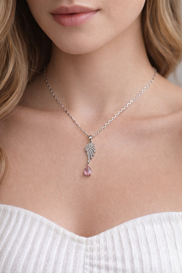 Zircon Stone Angel Wing Necklace – Silver Color Design with Pink Drop Stone Detail