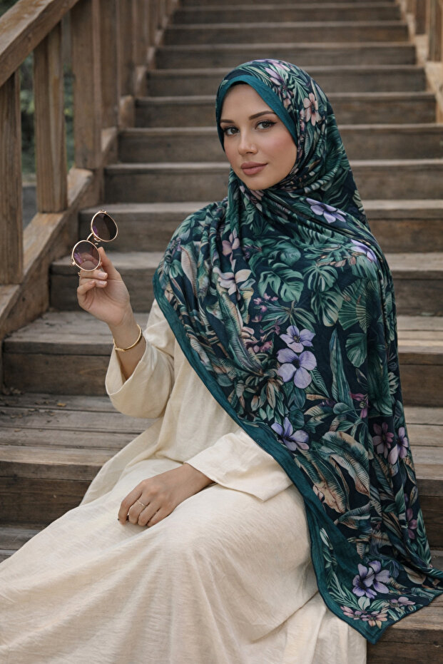 Mineşarpt Emerald Green Floral Pattern – Soft and Lightweight, Sweat-Resistant, Suitable for Daily and Special Occasions