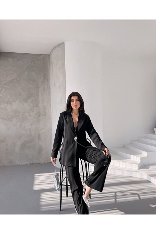 Midnight Power Single Button Oversize Blazer & Wide Leg Pants Women's Set