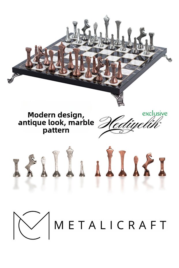 Mc54 - Metal Chess Set - 25cm Marble Pattern Chessboard - Certified Antique Metal Stones