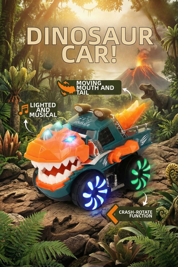 Moving Dinosaur Toy Car - T-Rex Truck with Lights, Music, and Spin-Along Feature - Ages 2+