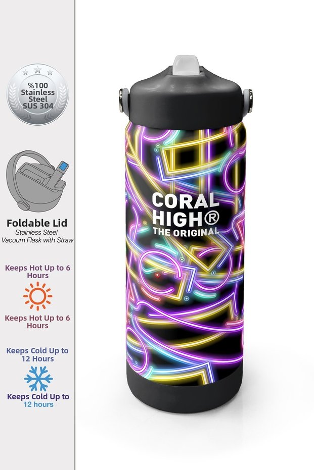Black Colored Neon Patterned Steel Thermos with Folding Spout 650 ml 38330