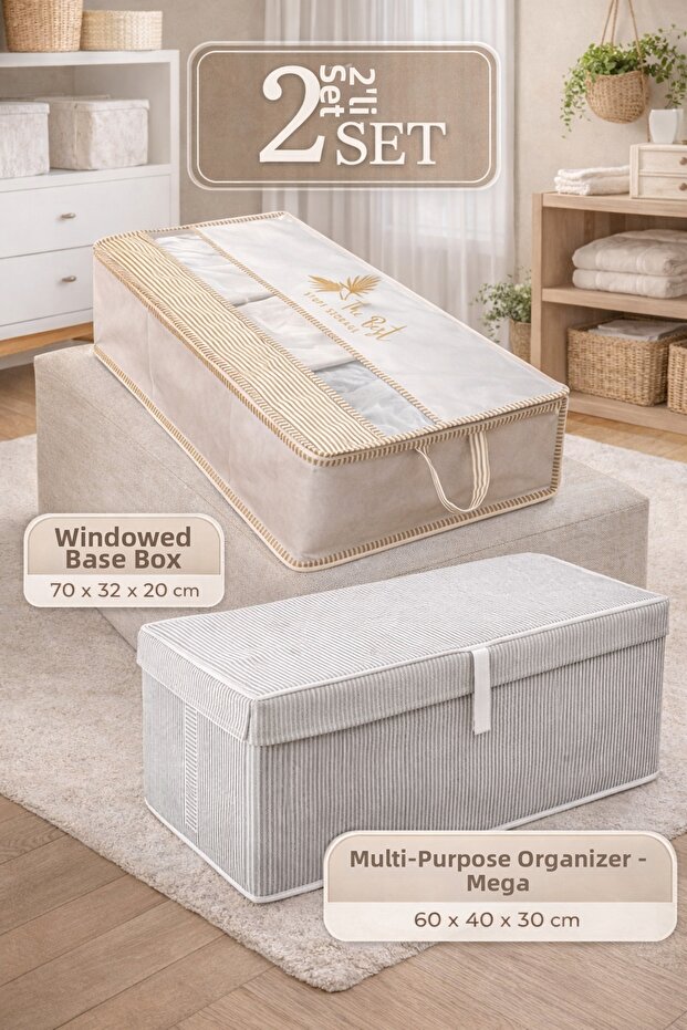 Under-The-Window Storage Box and Multi-Purpose Mega Size Box Large Storage Organizer Set Gray
