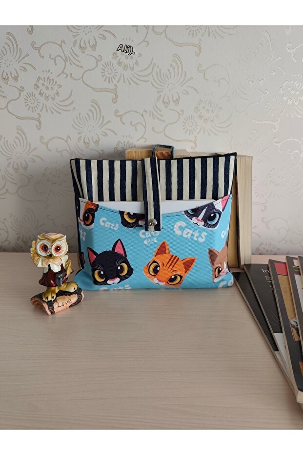 Cat Patterned Book Cover Bag | Snap Closure Fabric Book Protector | Tablet & Notebook Organizer