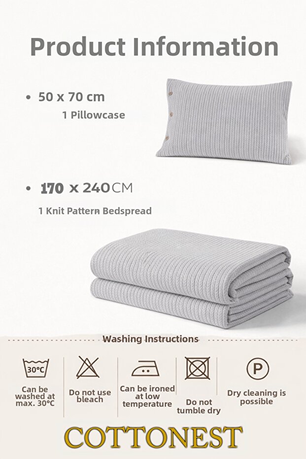 Single Gray Bedspread Set with 1 Pillowcase - 3