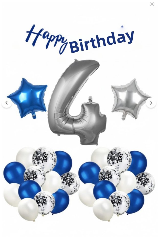 4 Year Old Blue and White Birthday Balloon Set – Happy Birthday & Number Balloon