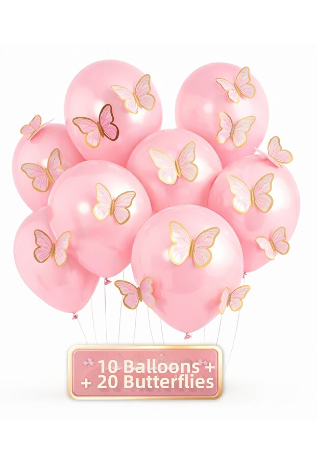 Soft 3D Butterfly Balloon Set – 10 Balloons + 20 Butterflies Birthday Party Decoration Set