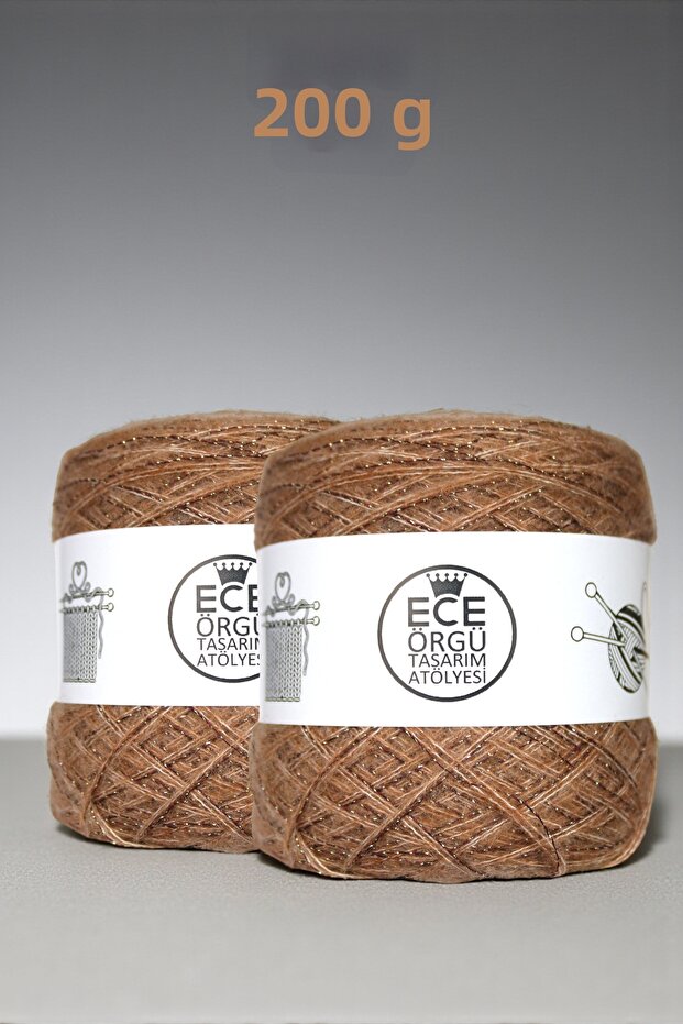Double Layer Camel Angora Yarn with Bitter Coffee Viscose Gold Glitter Wrapped Knitting Yarn (200 Gr.)
