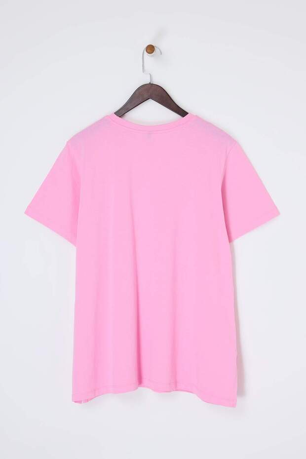 Pembe Relaxed Bisiklet Yaka Yırtmaçlı %100 Pamuk Örme T-Shirt TBBSS22BF0031 - 9