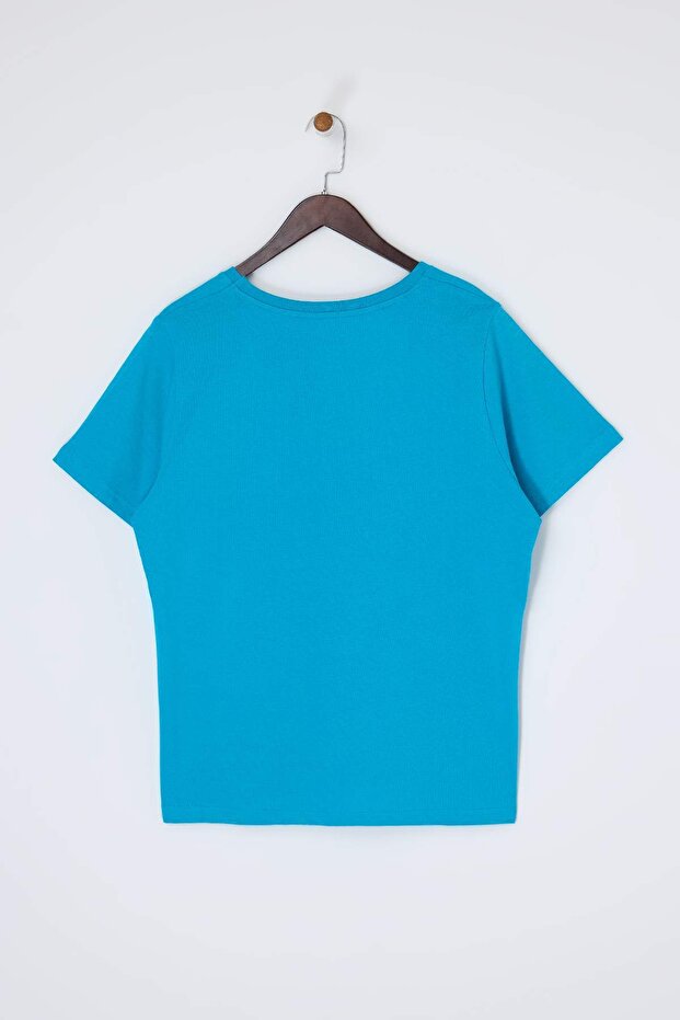 Petrol V Yaka Basic %100 Pamuk Örme T-Shirt TBBSS22BF0028 - 5