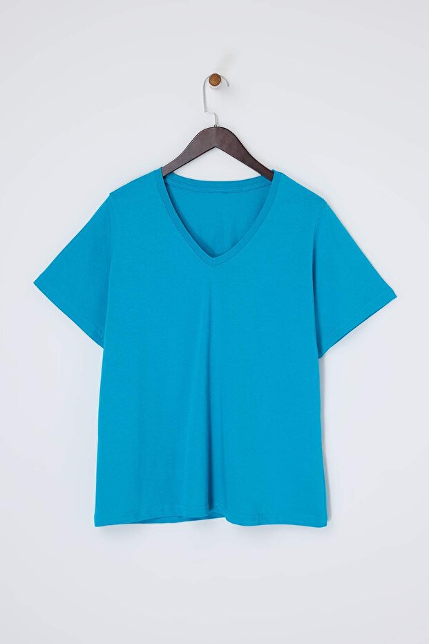 Petrol V Yaka Basic %100 Pamuk Örme T-Shirt TBBSS22BF0028 - 4