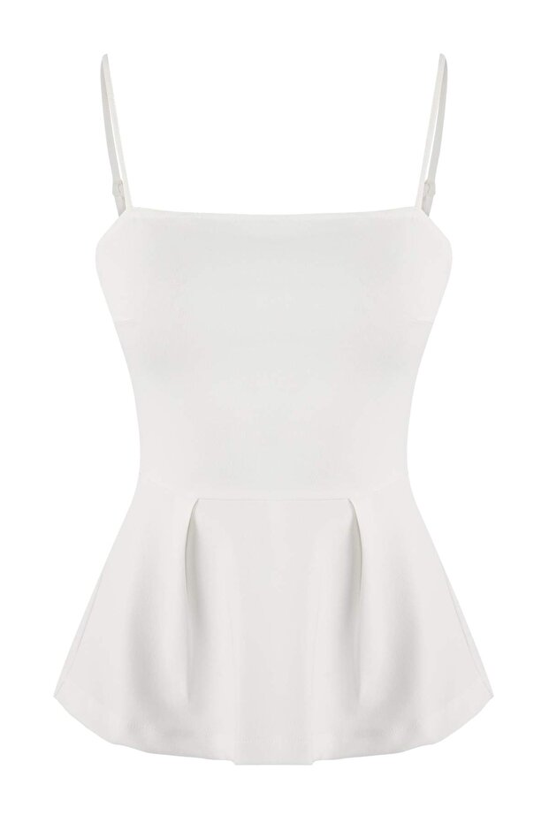 Ekru Peplum Kare Yaka İnce Askılı Kolsuz Scuba Krep Örme Bluz TWOSS26BZ00024 - 5