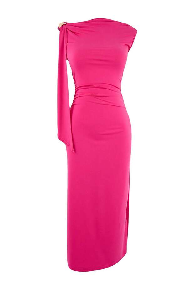Limited Edition Fuşya Bodycon Asimetrik Yaka Kolsuz Aksesuarlı Maxi Esnek Örme Elbise TWOSS26EL00258 - 5