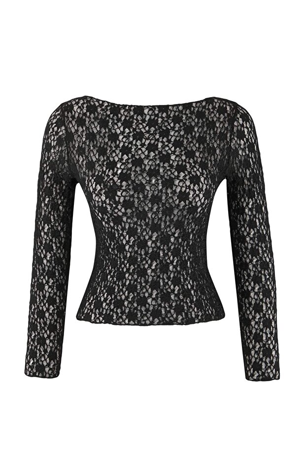 Siyah Düz Fitted Bisiklet Yaka Düşük Kol Uzun Dantel Örme Bluz TWOSS26BZ00441 - 5