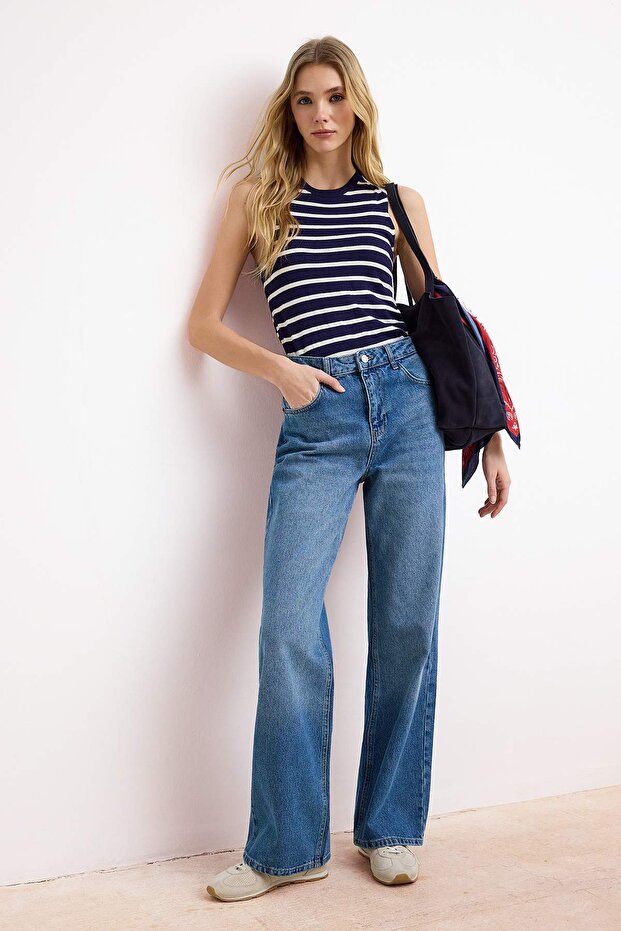 Mavi Yüksek Bel %100 Pamuk Geniş Paça Wide Leg Jeans TWOSS26JE00130 - 2