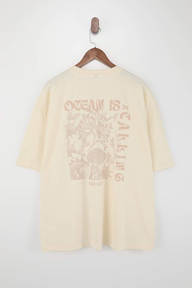 Büyük Beden Taş Oversize/Geniş Kesim Kabarık Yazı Baskılı %100 Pamuk T-shirt TMNSS25BF00018 - 5