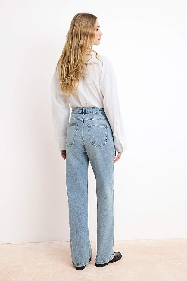 Mavi Yüksek Bel Straight Az Esnek Düz Kesim Jeans TWOSS26JE00100 - 4