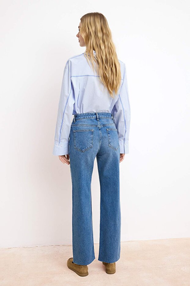 Mavi Kesik Paça Yüksek Bel Az Esnek Straight Düz Kesim Jeans TWOSS26JE00094 - 4