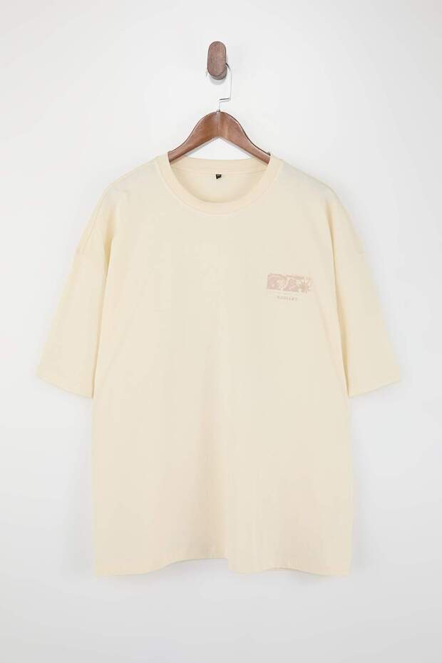 Büyük Beden Taş Oversize/Geniş Kesim Kabarık Yazı Baskılı %100 Pamuk T-shirt TMNSS25BF00018 - 4