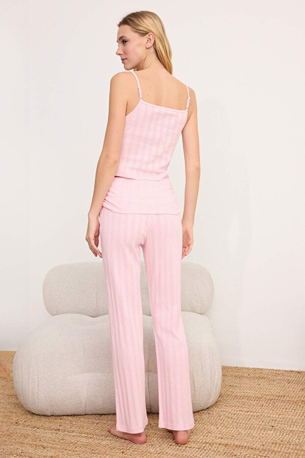 Açık Pembe %100 Pamuklu Bel Detaylı Fitilli/Pointel Örme Pijama Takımı THMSS26PT00037 - 7