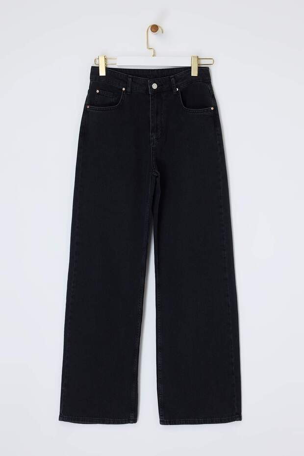 Siyah DÖKÜMLÜ Yüksek Bel MEVSİMLİK %100 Pamuk Uzun Boy Wide Leg Jeans TWOSS26JE00127 - 5
