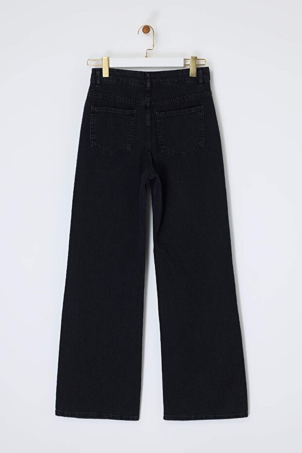 Siyah DÖKÜMLÜ Yüksek Bel MEVSİMLİK %100 Pamuk Uzun Boy Wide Leg Jeans TWOSS26JE00127 - 6