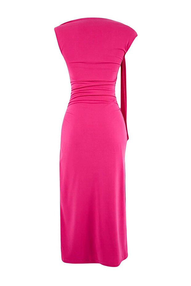 Limited Edition Fuşya Bodycon Asimetrik Yaka Kolsuz Aksesuarlı Maxi Esnek Örme Elbise TWOSS26EL00258 - 6