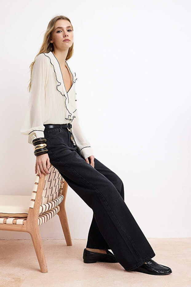 Siyah Yüksek Bel Uzun Boy %100 Pamuk Wide Leg Jeans TWOSS26JE00130 - 3