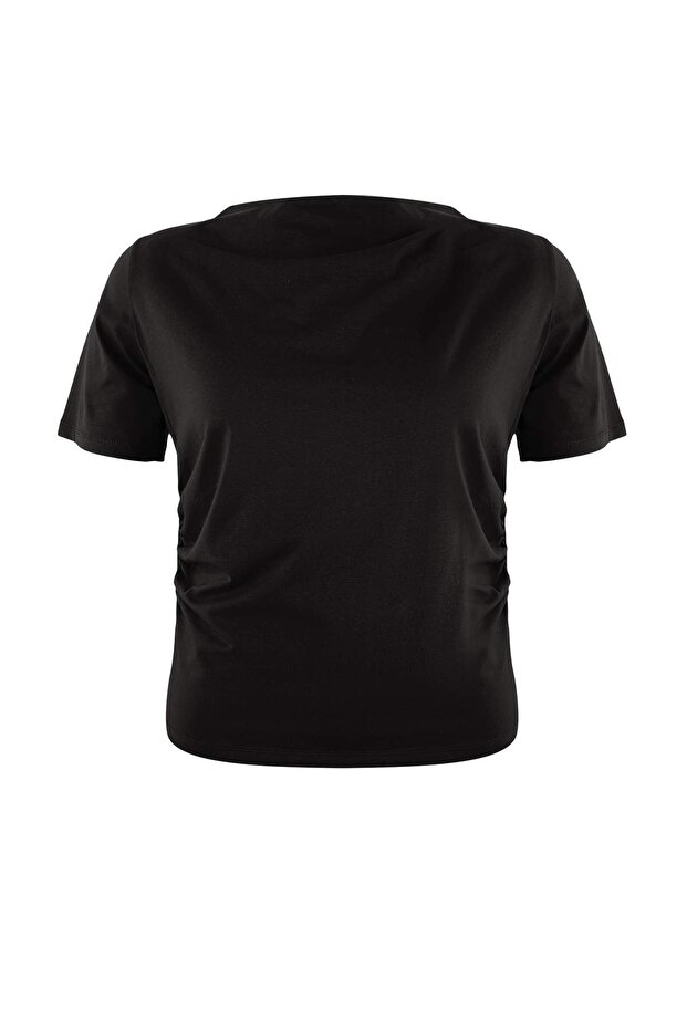 Limited Edition Siyah Drapeli Esnek Örme Büyük Beden T-shirt TBBSS26BF00020 - 4