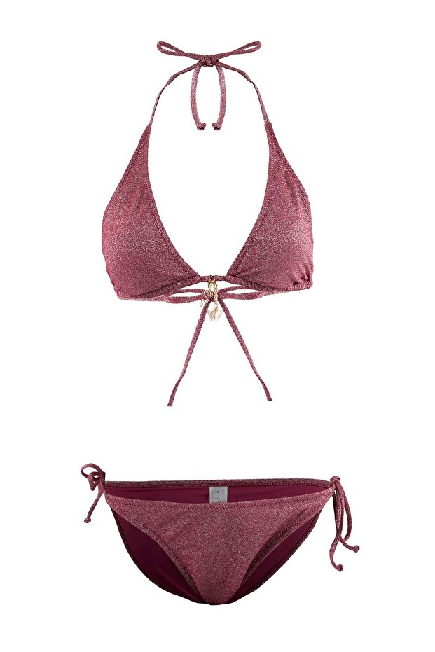 Bordo Simli Üçgen Kaplı Charm Aksesuarlı Normal Bel Regular Bikini Takımı TBESS26BT00053 - 3
