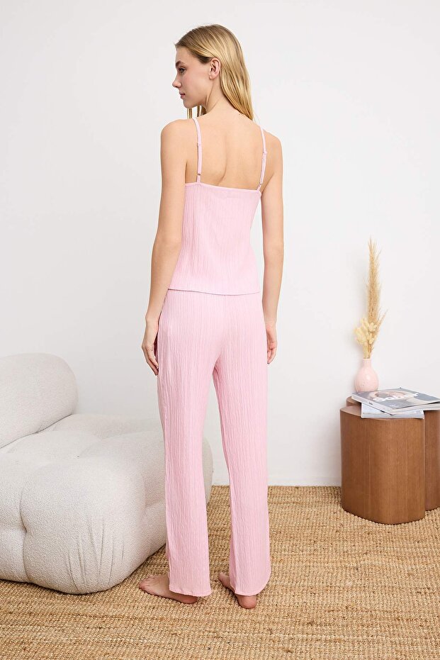 Pembe Bağlama Detaylı İp Askılı Dokuma Pijama Takımı THMSS24PT00402 - 4
