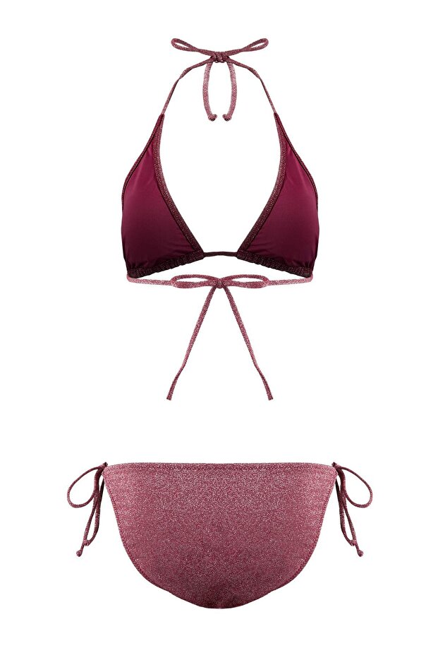 Bordo Simli Üçgen Kaplı Charm Aksesuarlı Normal Bel Regular Bikini Takımı TBESS26BT00053 - 4