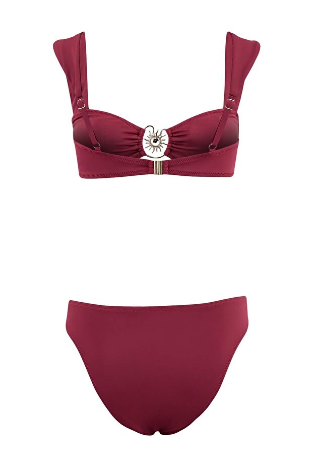 Bordo Bralette Kaplı Döküm Aksesuarlı Regular Normal Bel Bikini Takımı TBESS25BT00061 - 4
