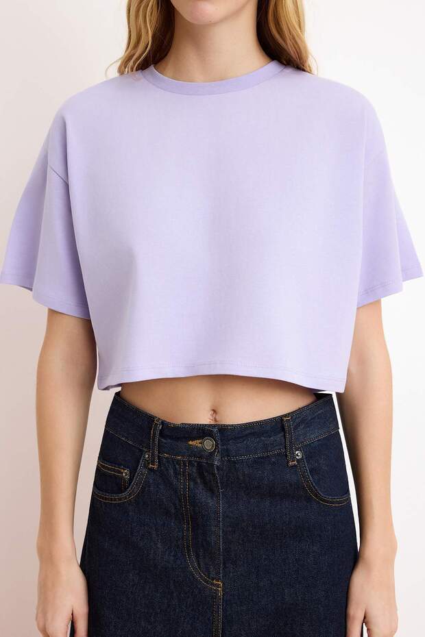 Lila Relaxed/Rahat Kalıp %100 Kalın Pamuklu Crop Örme T-Shirt TWOSS23TS00038 - 3