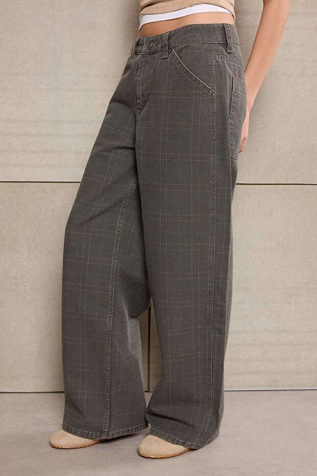 Teen Çok Renkli Ekose Desenli Yüksek Bel %100 Pamuk Baggy Jeans TWOSS26JE00052 - 3
