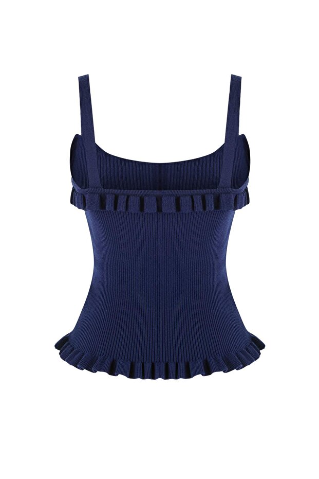 Limited Edition Lacivert Premium İplik Havuz Yaka Vücudu Saran Crop Triko İnce Bluz TWOSS26BZ00304 - 6